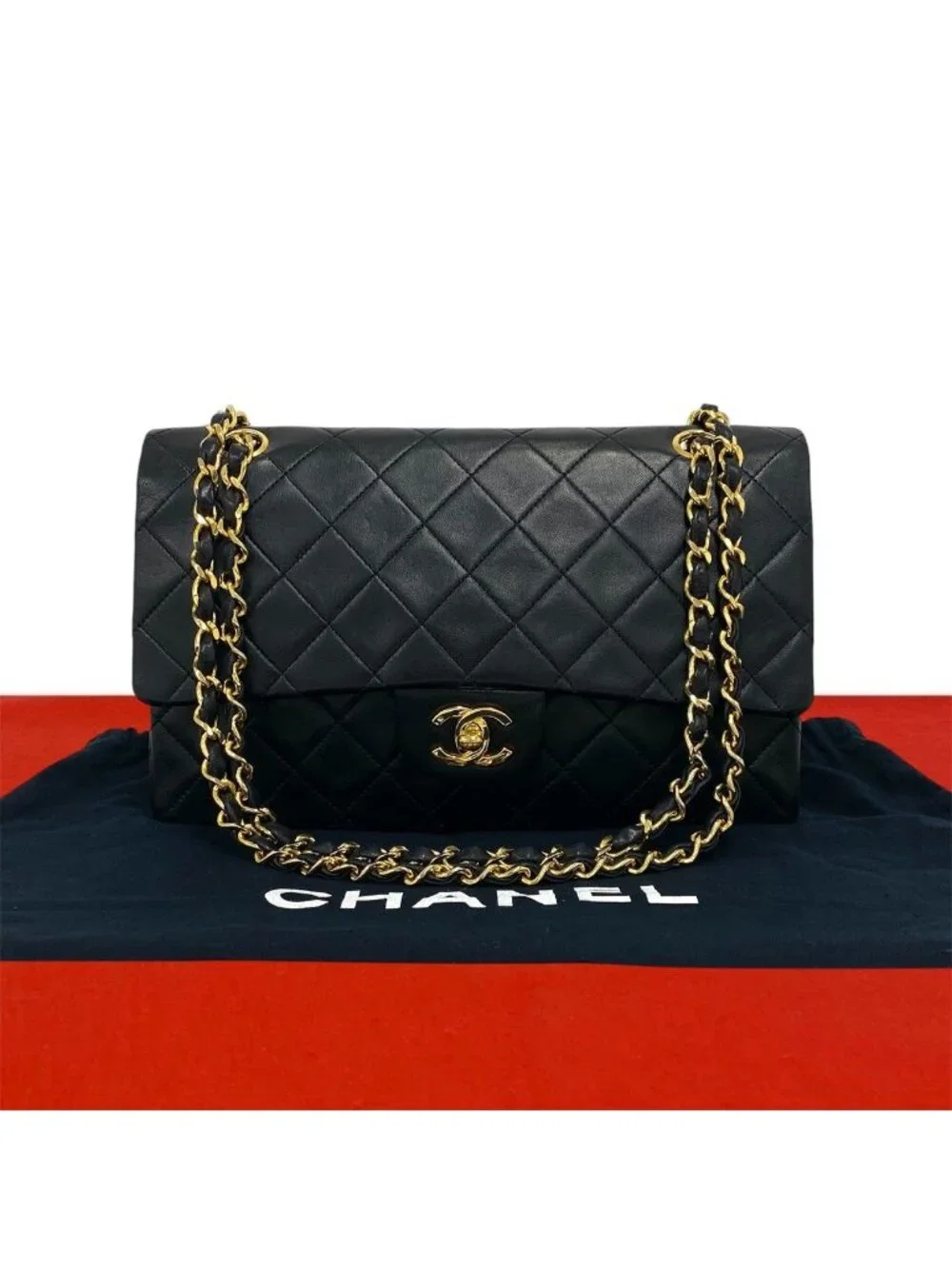 Chanel Vintage Quilted Double Flap Lambskin Chain Shoulder Bag Black